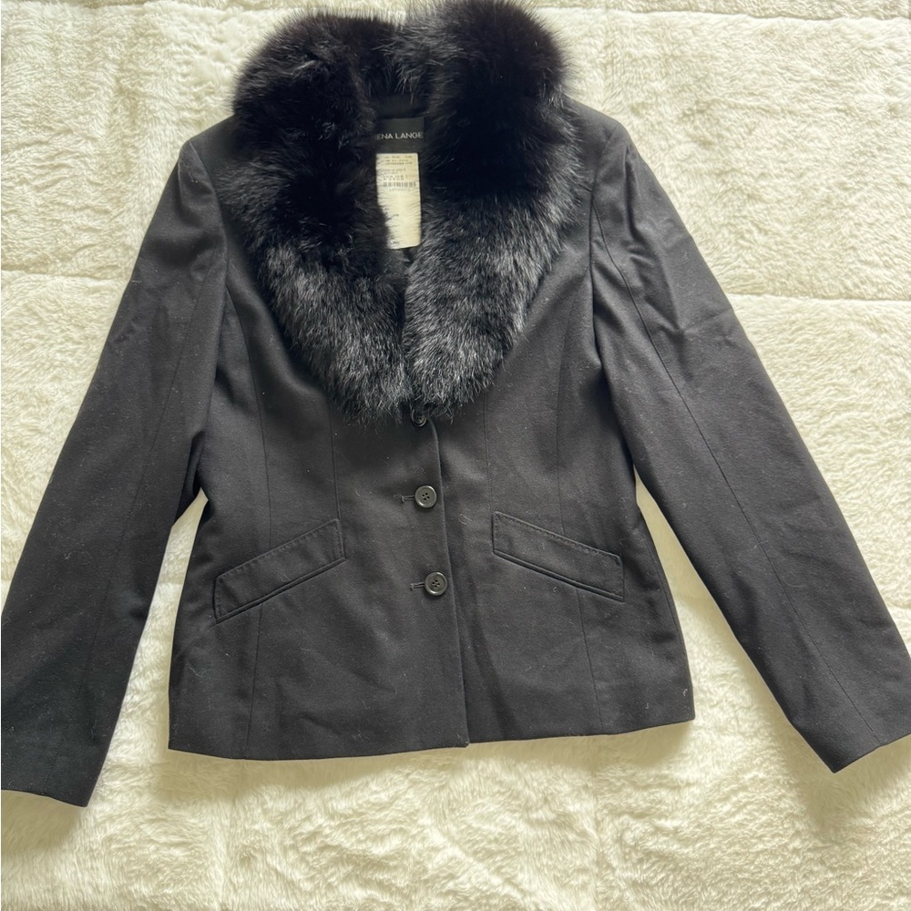 Elegant Rena Lange Coat with Genuine Blue Frost Fox Fur Collar